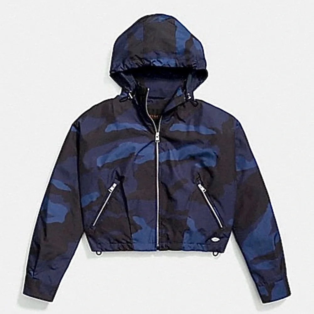 Coach Navy Blue and Black Camo Cropped Hooded Track Jacket Windbreaker Size XS